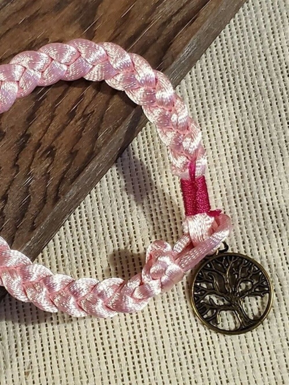 BARBIE CORE Braided Pale Pink Silk Antique Brass Tree of Life Charm Button Brace